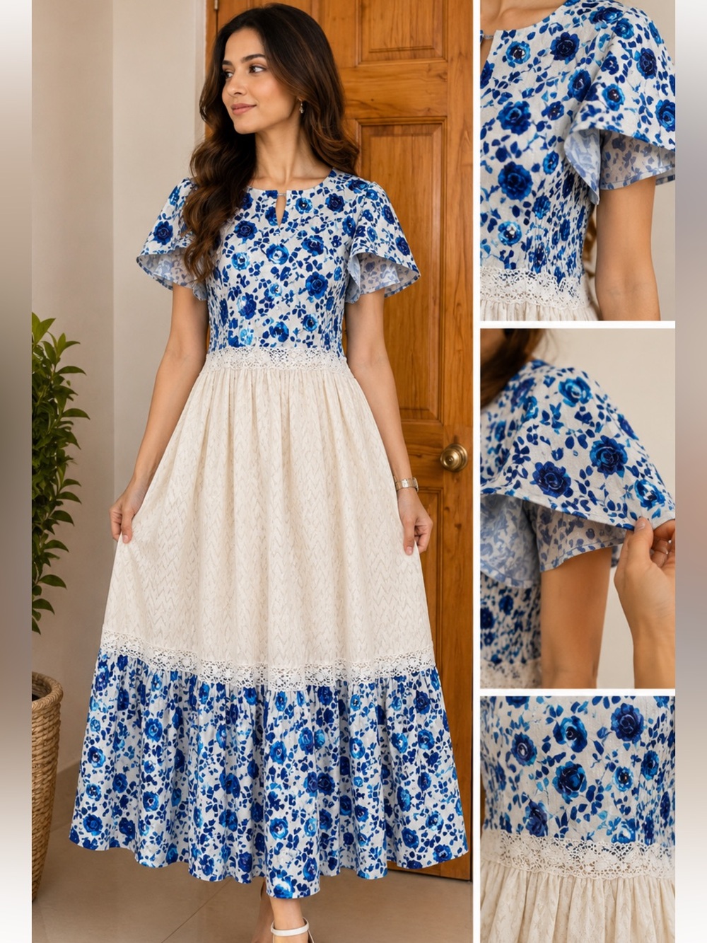 Blue Floral & Cream Lace Midi Dress